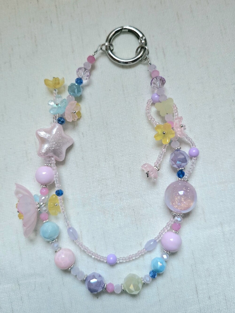 💐 Pastel Star & Flower Multi-Strand Beaded Phone Charm or Bag Chain - Pink